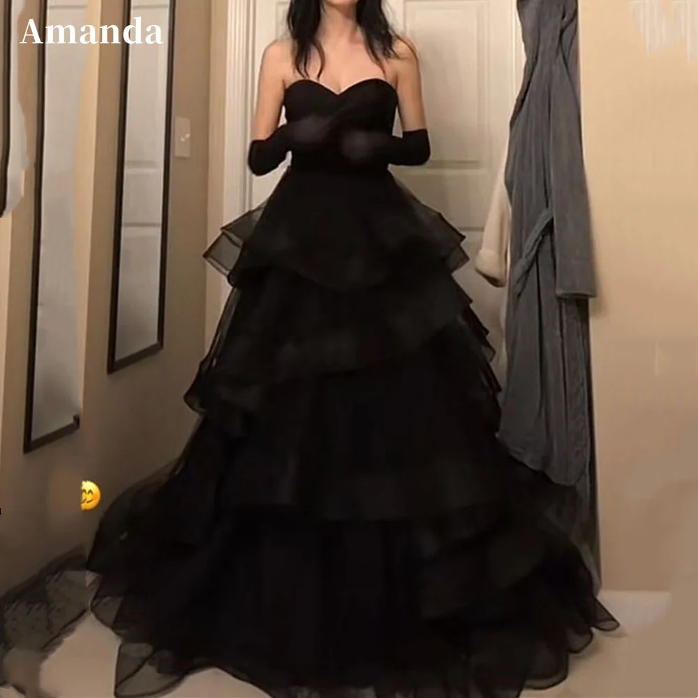 Amanda Black Multilayer Evening Dress Sexy A-line Prom Dress 2023 Elegant Party Dress With Glove Tulle فساتين مناسبة رسمية