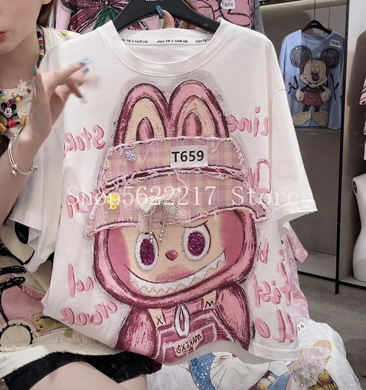 

2025 New Spring Summer Loose Female Short Sleeve Tees Patch Sequins Cartoon White Cotton T-shirt Casual Students Pullover Tops