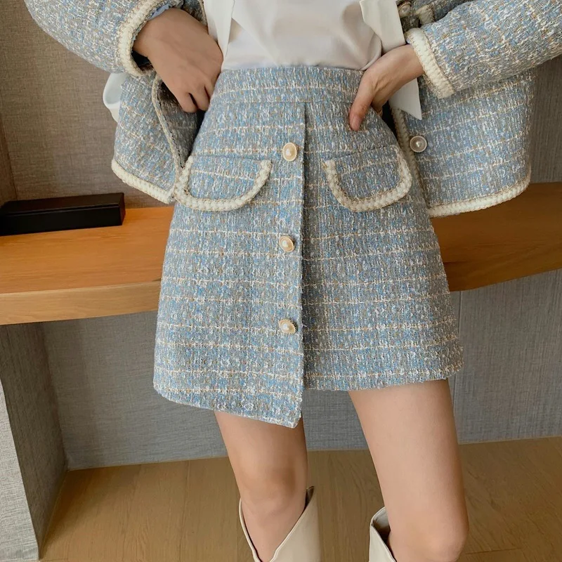 Spring Women Korean Vintage Elegant Tweed Two Piece Set Long Sleeve Short Jacket High Waist Irregular Skirt 2 Piece Suit Outfits