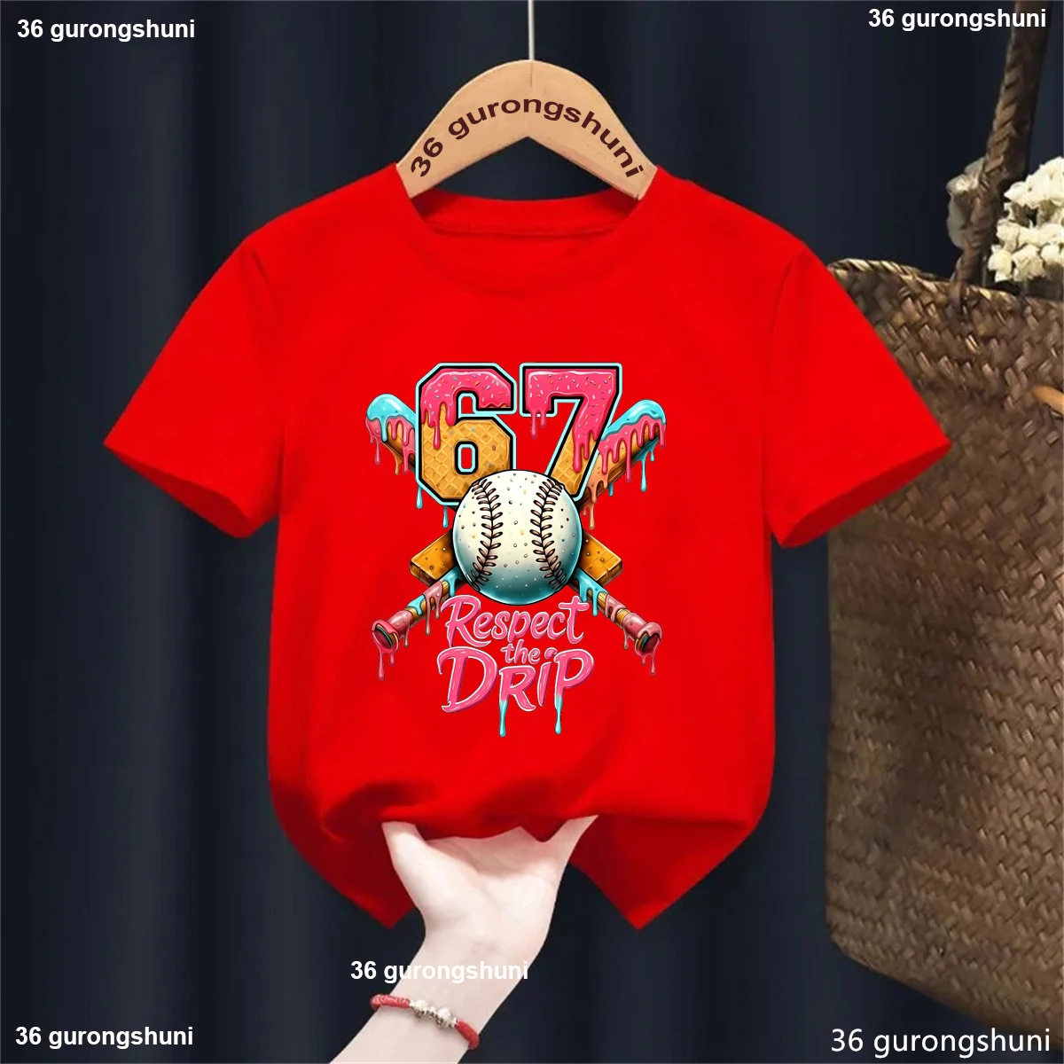Ice Cream Baseball 67 Meme Respect The Drip Printed T Shirt Girls/Boys Kawaii Funny Kids Clothes Soild Casual T-Shirt Tops