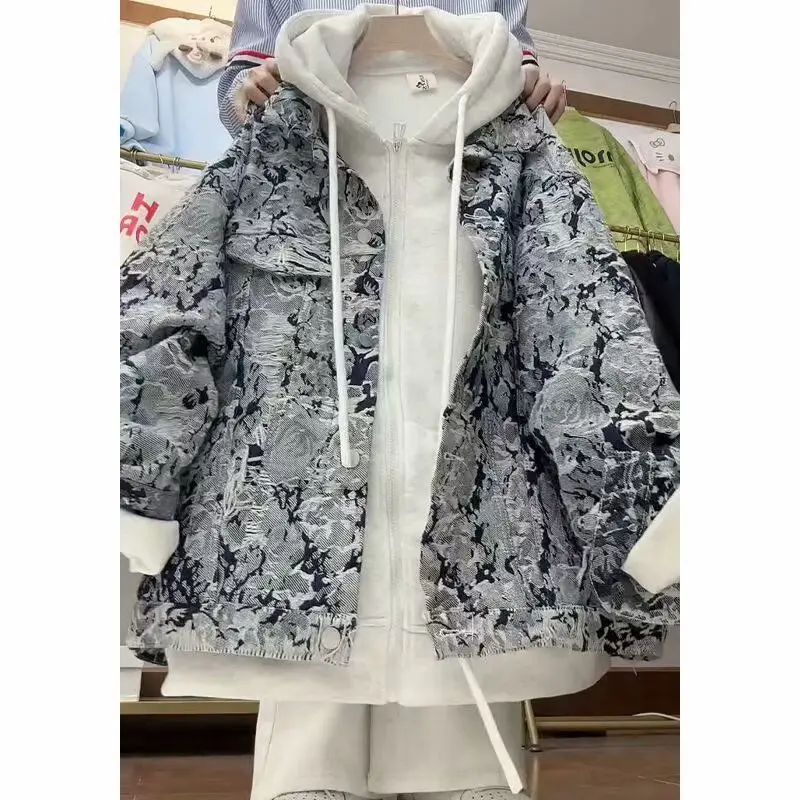 Retro Blue And White Porcelain Embroidery Denim Jacket Men's Spring Autumn Loose Fit Versatile Outerwear Trendy Cotton Polyes... - Detail 1