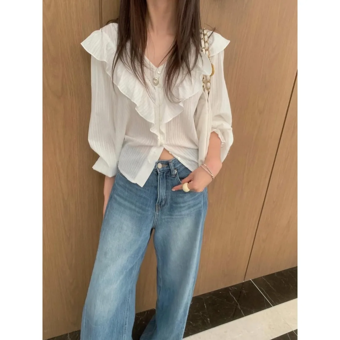 

Two-Color Embroidered Collar Long Sve irt Korean Sle Floral Lace Hemline Stand Collar Casual Wear for Women