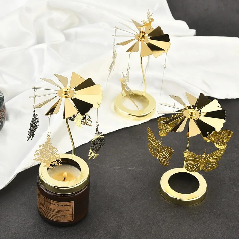 Elegant Party Favor Ins Gold Carousel Candle Holder Spinning Horse Lantern Metal Windmill Creative Decoration Unique Gift New