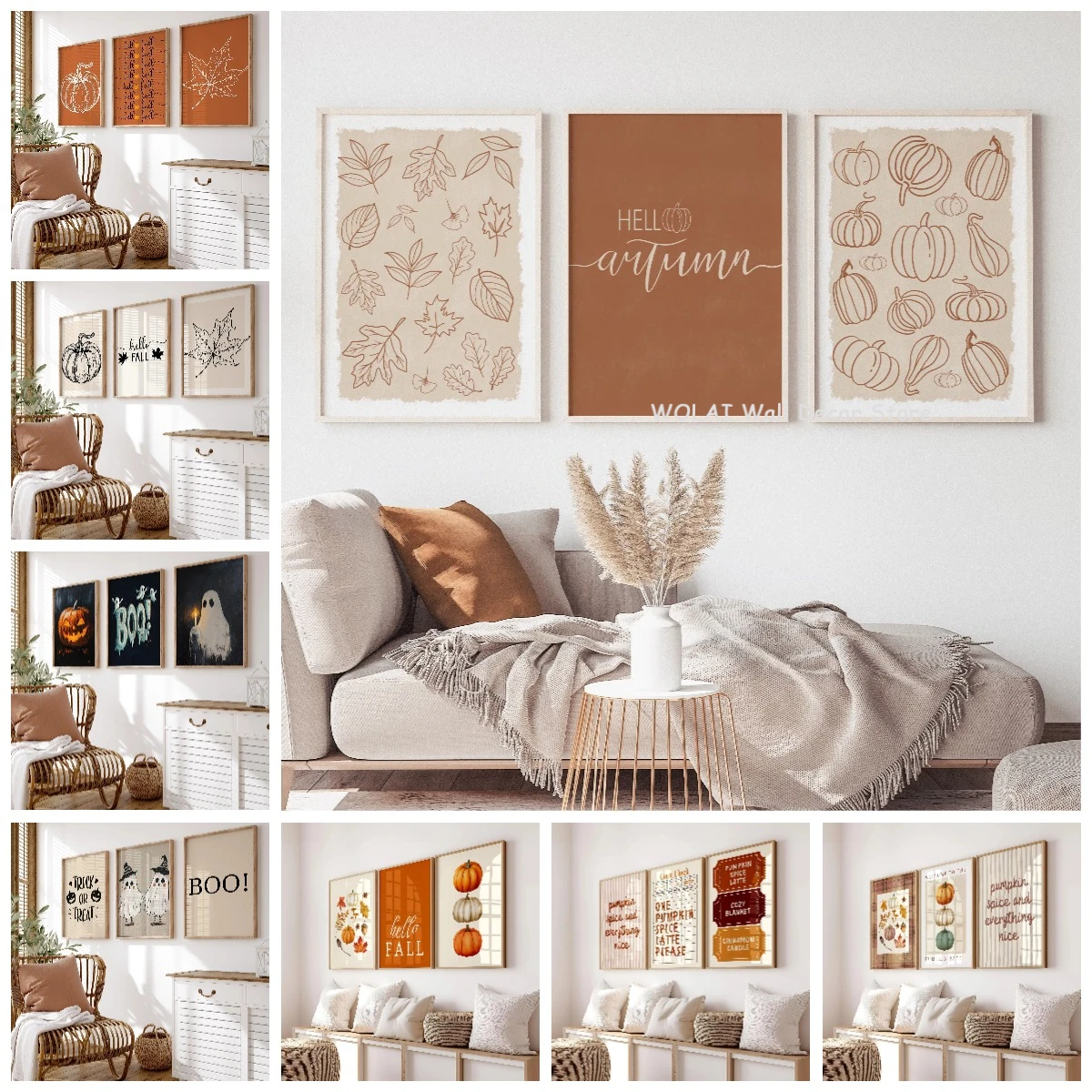 1/3pcs Hello Autumn Pumpkin Line Canvas Print Orange Pumpkin Spice Stamp Autumn Wall Art Poster for Modern Halloween Home Decor