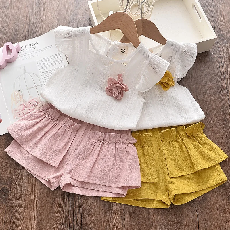 

New GirlsT-shirt + Short Pants 2PCS/Set Girls Baby Children Summer Flower Sleeveless Fashion Clothes Students 2-6 Years