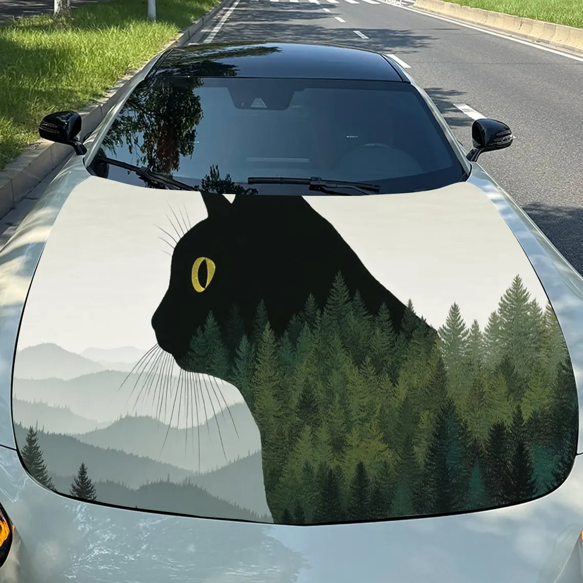

Виниловая пленка для автомобиля Green Forest Cat Silhouette Art, водонепроницаемая наклейка на капот автомобиля из ПВХ, самоклеящиеся устойчивые к царапинам наклейки для En