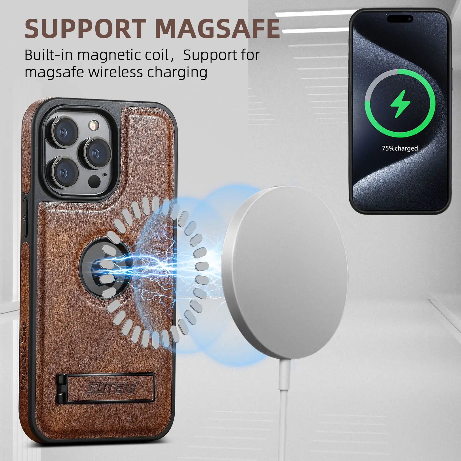 For iPhone 18 Pro 17 16 15 14 13 12 Pro Max Leather Case with Mag-safe Built-in Invisible Stand Protective Slim Kickstand Cover