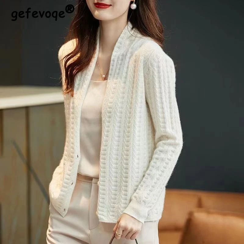 Autumn Winter Elegant Fashion V-neck Solid Sweater Cardigan Women Long Sleeve Button Up All-match Knitting Coat Female Clothes