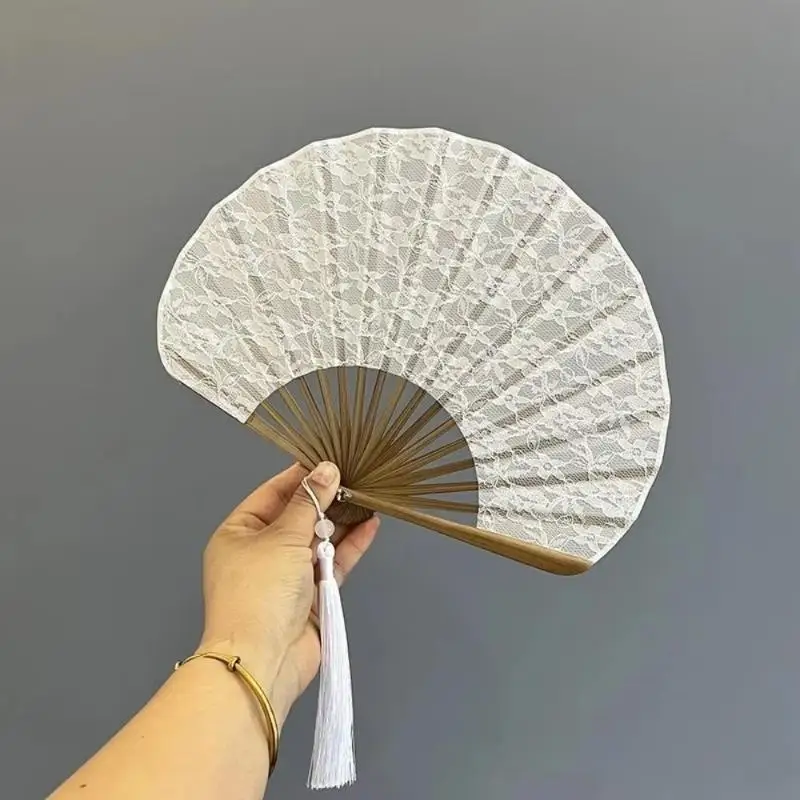 Lace Vintage Hand Fan With Tassel Pendant Handheld Embroidered Folding Fan White Delicate Hand Cranked Fan Photography Props