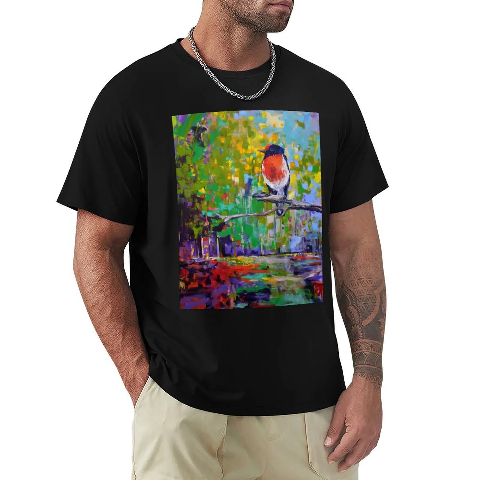 Red Crested Robin in Paradise, expressive painting. T-Shirt Daily Wear Plain Short Sleeve Shirt