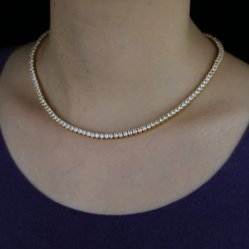 Iced Out Bling Zircon 3mm Tennis Chain Necklace 3 Prong Gold