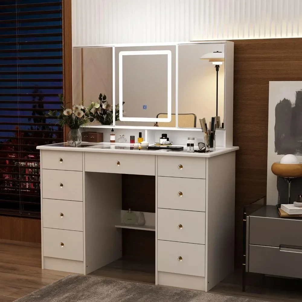 

Large Vanity Desk with Open Mirror and Glass Tabletop, Vanity Desk with Mirror and Lights, Drawers and Shelves, Crystal Handles