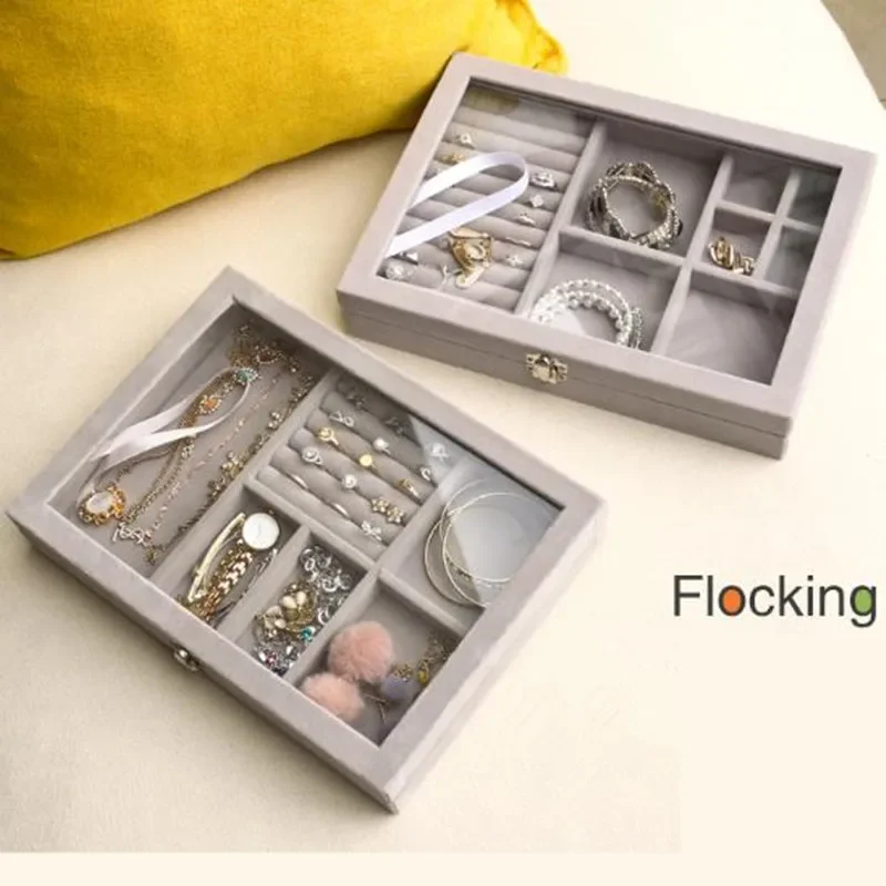 Velvet Jewelry Organizer with Glass Cover Flocking Jewelry Display Storage Box Watch/Bracelet/Necklace/Earrings/Rings Show Case