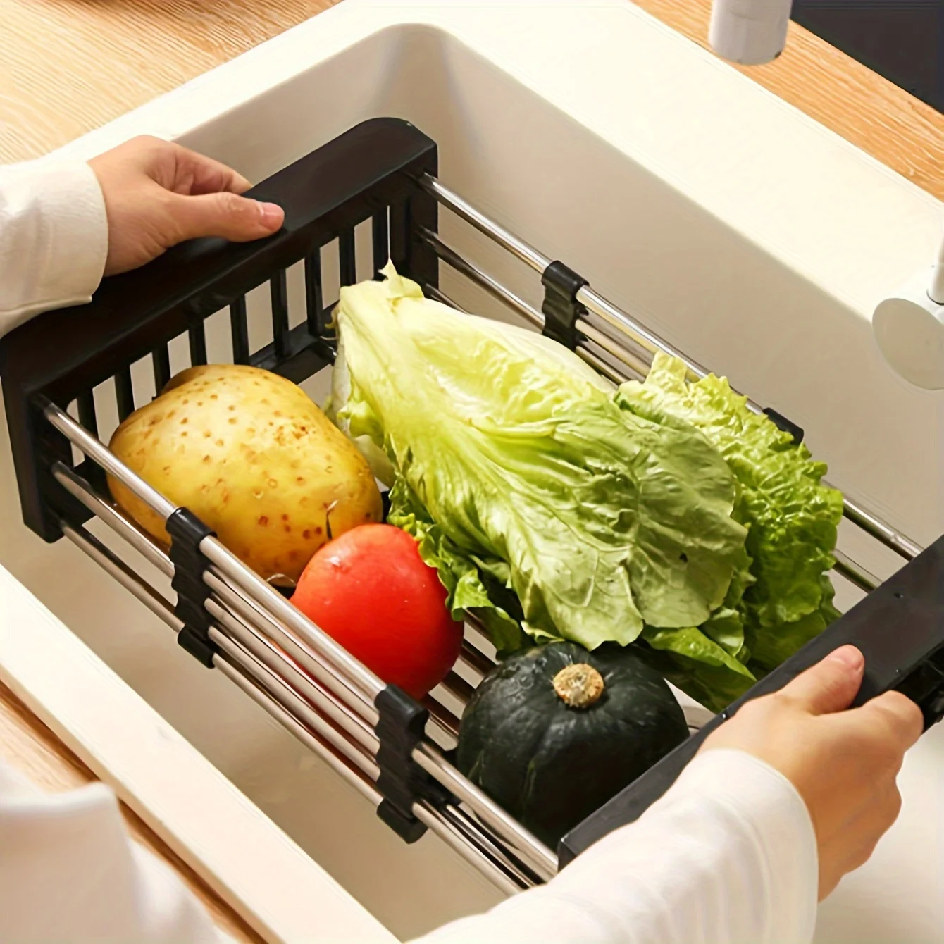 1pc Adjustable Dish Drainer Telescopic Over Sink Dish Drying Rack with  Fruit Vegetable Drain Basket Kitchen Tools and Utensils