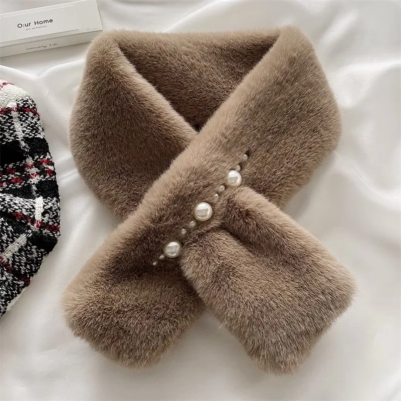 Scarf Korean Version of Pearl Plush Bib Imitation Rex Rabbit Fur Hot Sell Thick Cross Imitation Fur Autumn and Winter New Scarf