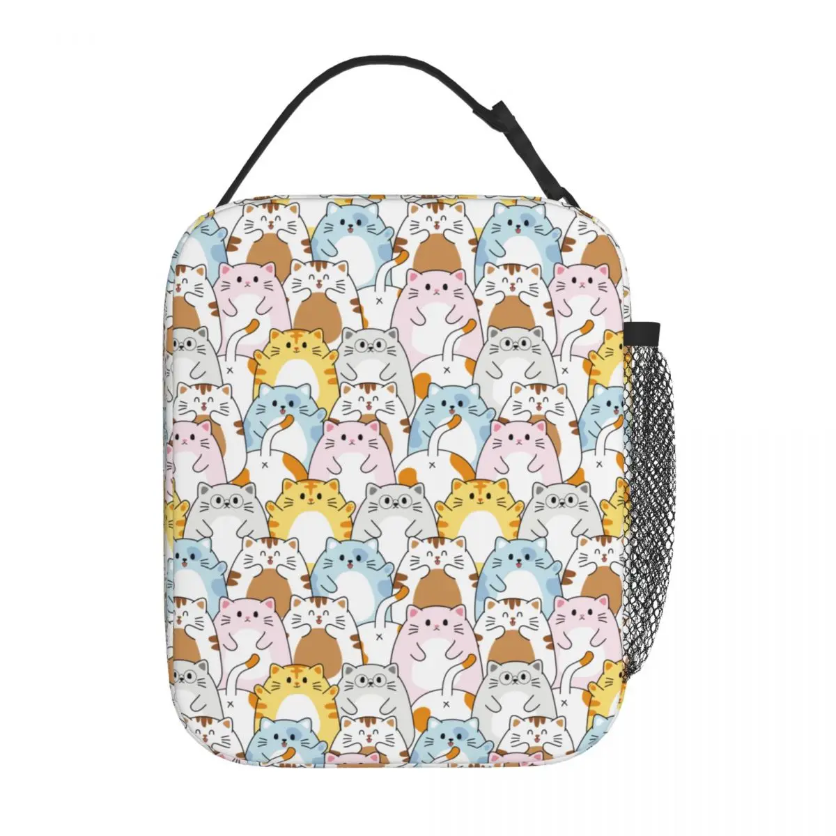 Bonito Gato Colorido Dos Desenhos Animados Isolados Lunch Bag, Kawaii Happy Meow Armazenamento Food Box, Saco Térmico, Acessórios escolares