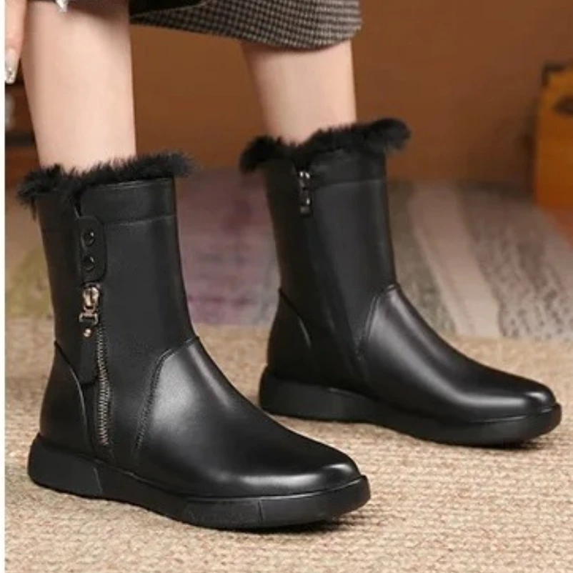 2025 الشتاء الصوف أحذية حريمي برقبة جلد طبيعي دافئ جولة تو البريدي جديد شقة مع الترفيه الخياطة منصة الأحذية