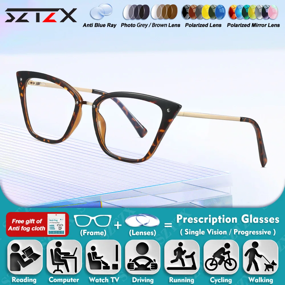 

SZTZX Currents Women Cat Eye Myopia Glasses Anti Blue Ray Reading Photochromic Progressive Optical Eyeware with Prescription Len