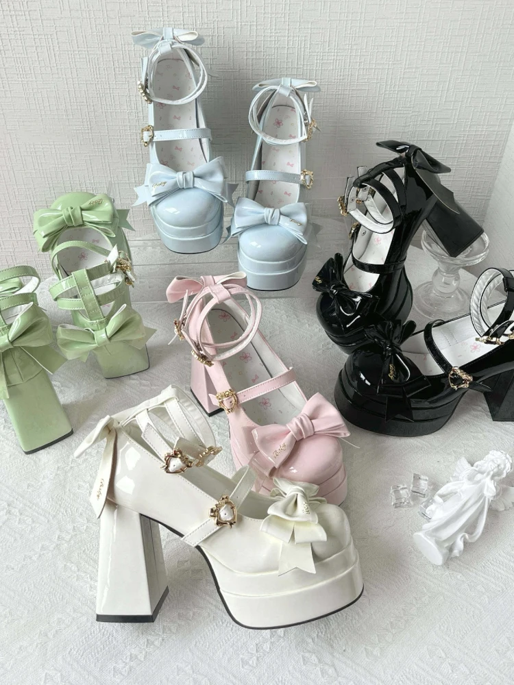 

Водонепроницаемые женские туфли на высоком каблуке в стиле Лолиты, милый милый каблук с бантом, Mary Janes oes, модный круглый носок, без шнуровки, резины...