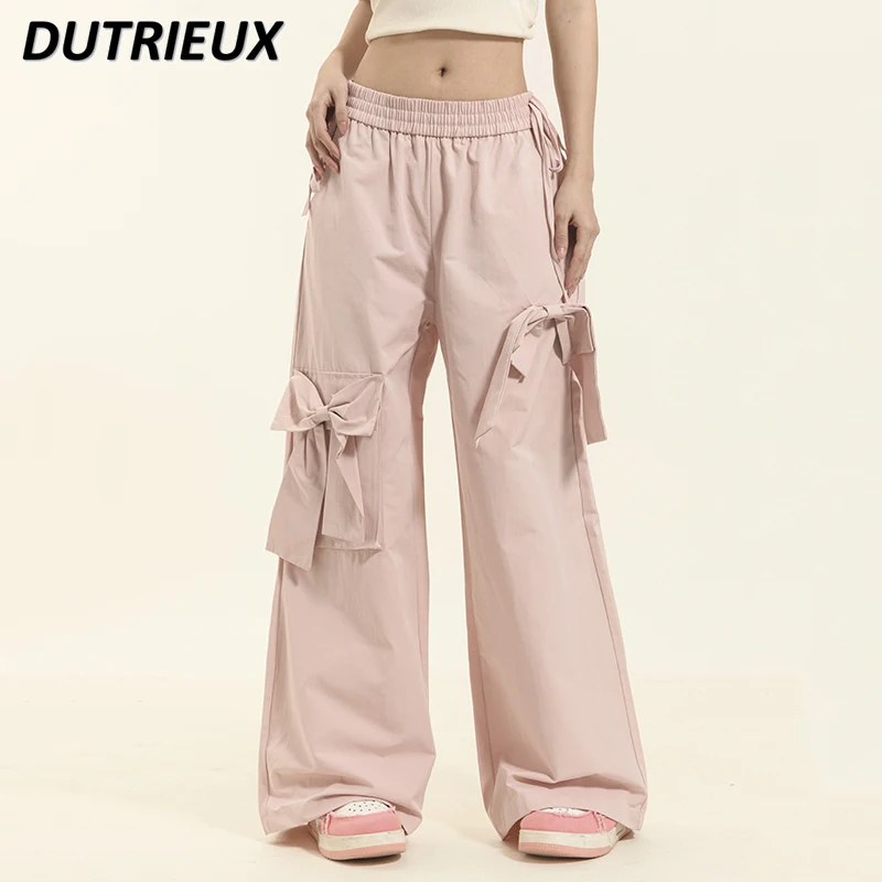 

Solid Color Bow Overalls Women's Thin American Style Sweet Loose Elastic Waist Straight Wide Leg Casual Long Pants Mop Trousers