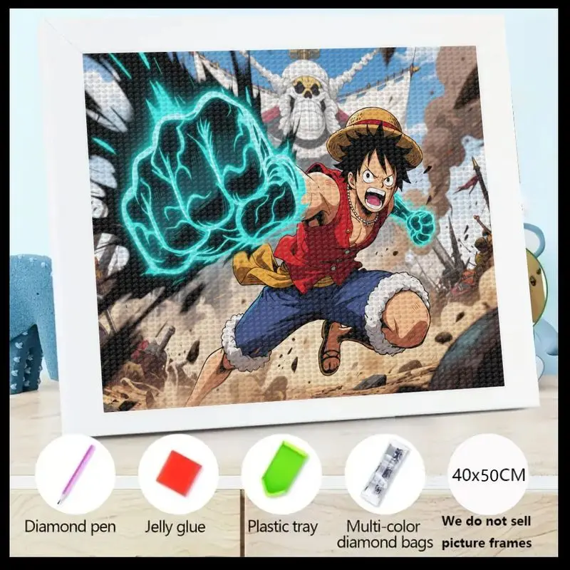 Kit di pittura diamante 1PC 5D fai da te, One Piece Monkey D. Luffy Pugno elettrificato Azione dinamica Trapano completo Diamante rotondo Arte, Anime M