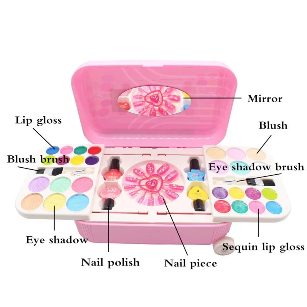 

Kids Pretend Play Make Up Toy Set Princess Pink Makeup Beauty Safety Non-Toxic Kit Toys Girls Dressing Cosmetic Slide Travel Box