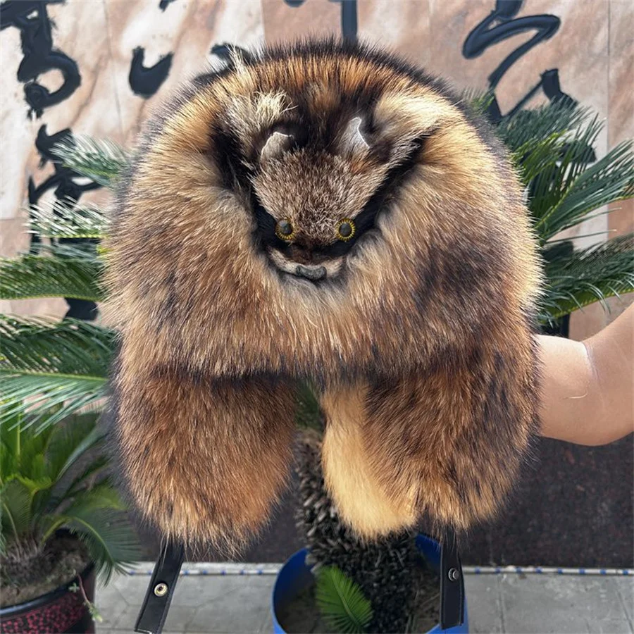 Halloween Outdoor Hat Real Fur 100% Raccoon Fox Skin Russian Hats Pilot Bombers Full Mao Men\'s Hat Ushanka Winter Ear Guard Hat