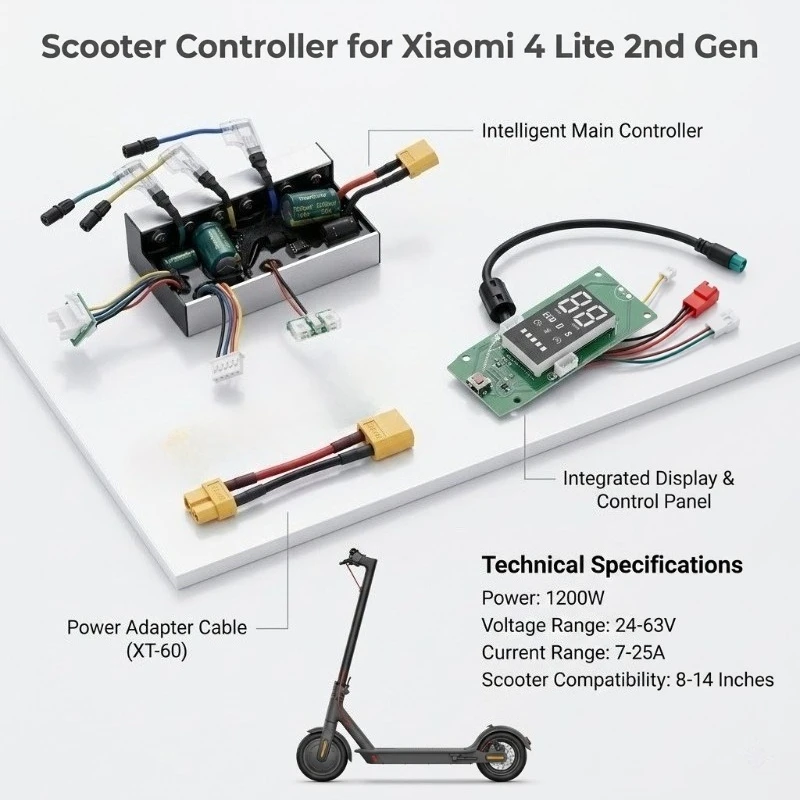 

Интеллектуальный контроллер для самоката Xiaomi4 Lite 2-го поколения, 1200 Вт, 24-63 В, 7-25 А с дисплеем, панелью управления и адаптерным кабелем XT30-XT60