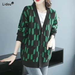 Suéter holgado informal para mujer, cárdigan de gran tamaño, con cuello en V, a cuadros, de colores, arte Vintage, a la moda, otoño e invierno, 2023