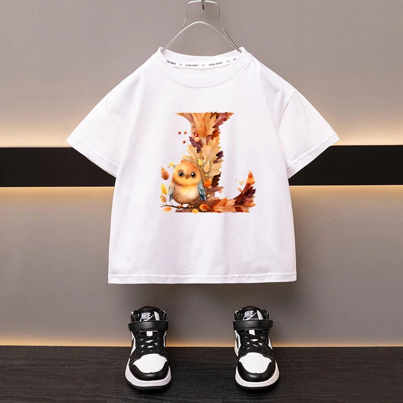 Foglie d'acero lettera L T-Shirt per bambini vestiti Kawaii per ragazze T Shirt Anime cartoni animati Casual Kid Boy manica corta top nuovo 2024