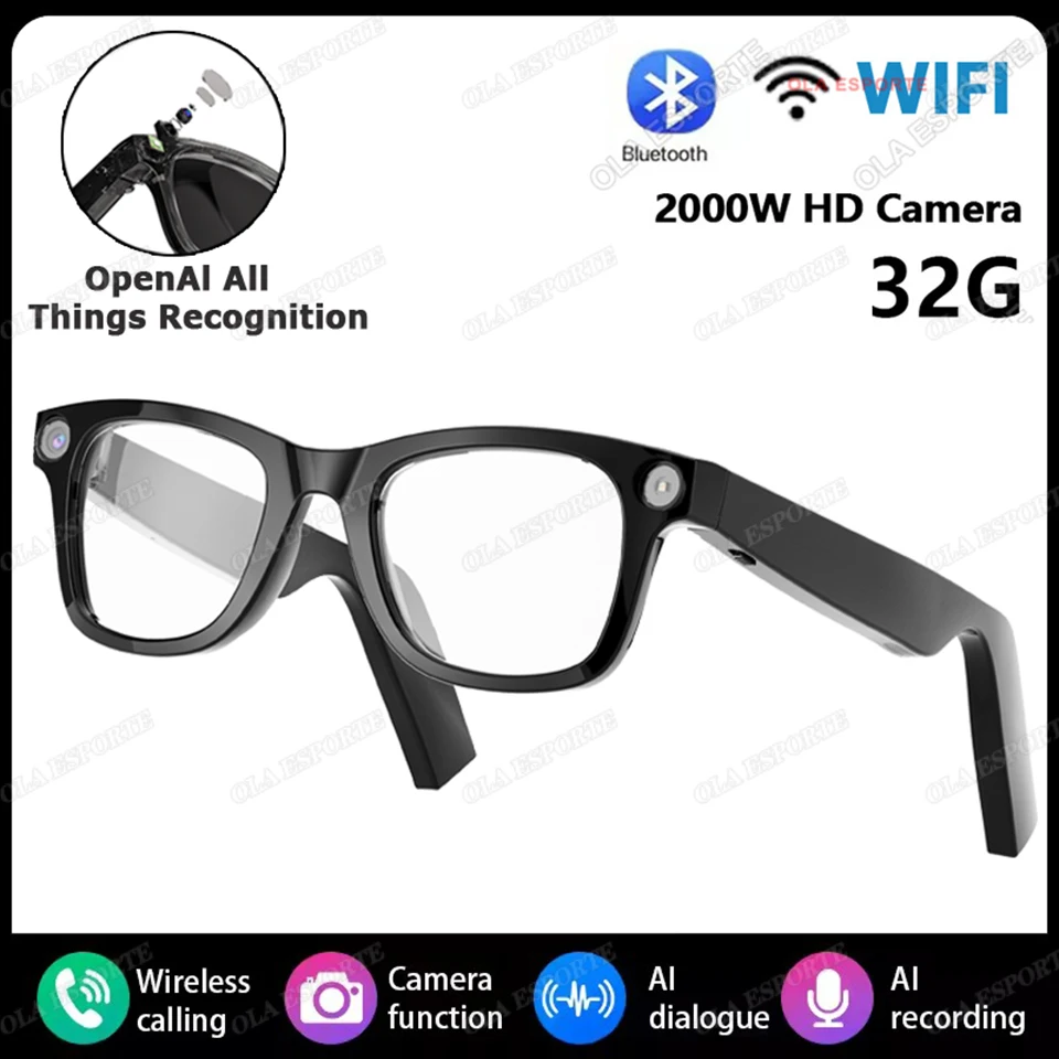 

Умные музыкальные очки с камерой 2025 года, работающие вызовы, Bluetooth-гарнитура, запись, распознавание фотографий, солнцезащитные очки с защитой от синего света UV400