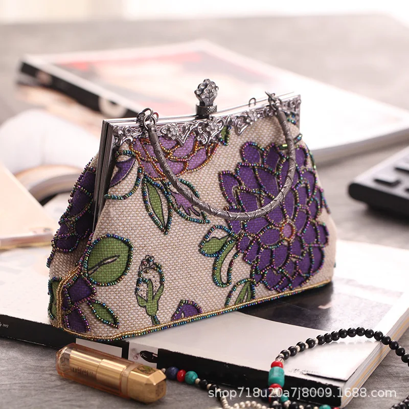 Boutique  Chinese Style Embroidery Floral Women Beaded Evening Purse Bridal Flower Clutch Bag Wedding Party Frame Handbag view 4