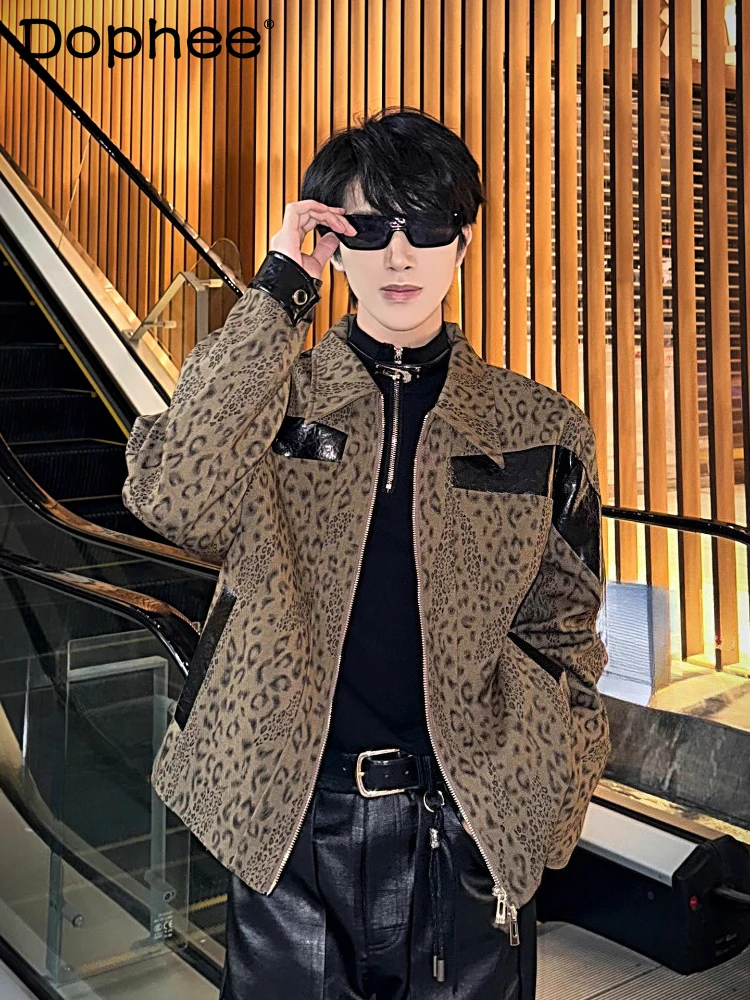 

Мужские куртки с леопардовым принтом, 2025 г., мужские осенние новые модные контрастные цвета, уличные куртки из искусственной кожи, пальто на молнии