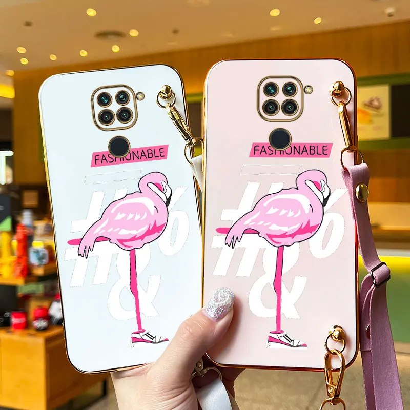 Pink Flamingos Lanyard Plating Phone Case For Xiaomi Redmi Note 9 9S 9T 9Pro 8Pro 8 8T 10T 10S 10 10Pro 11TPro 11 12R 11SE Cover