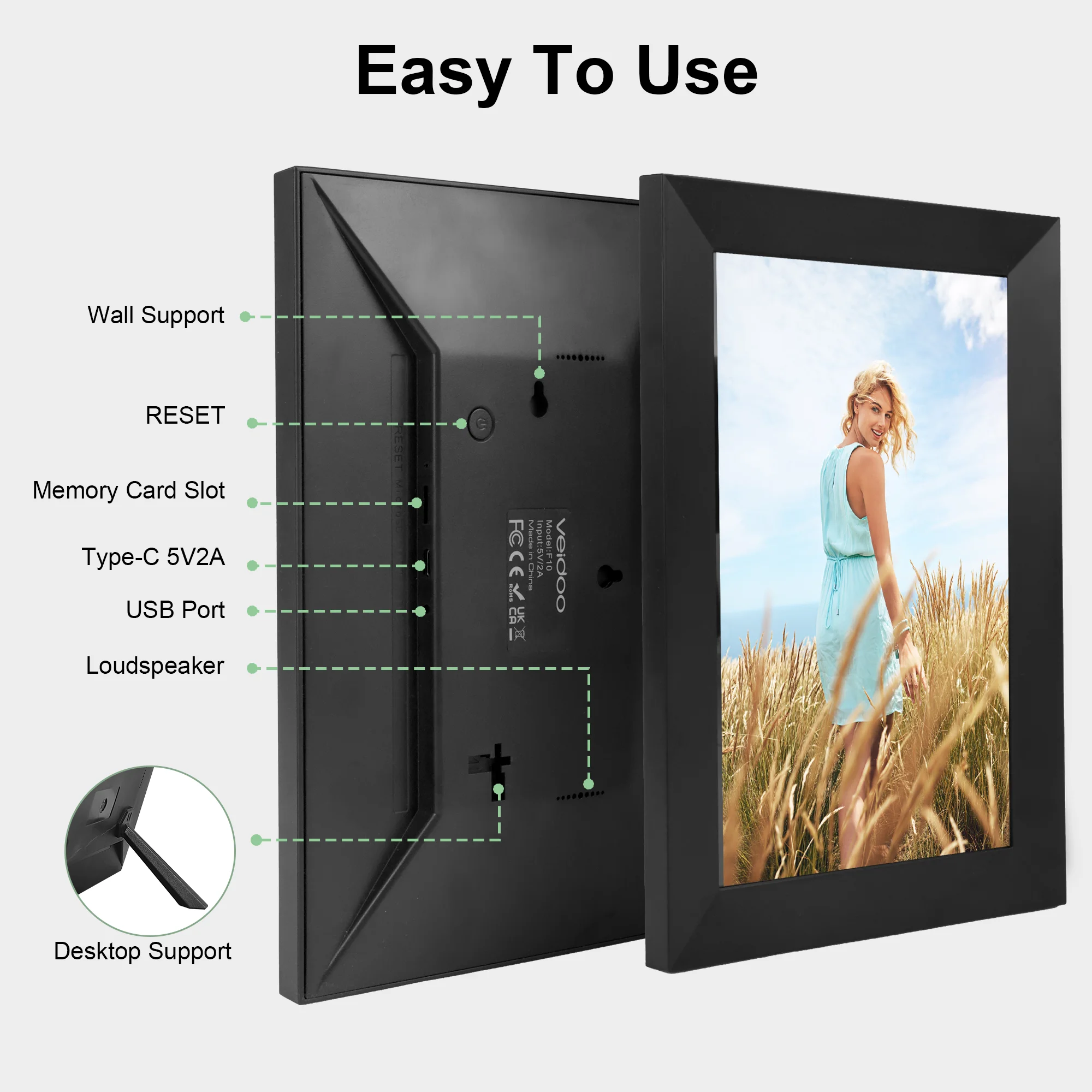 Veidoo WiFi Cloud Picture Frame 10 Inch 1080P IPS Touch Screen Digital Photo Frame with 32GB Memory Type C Port Frameo System