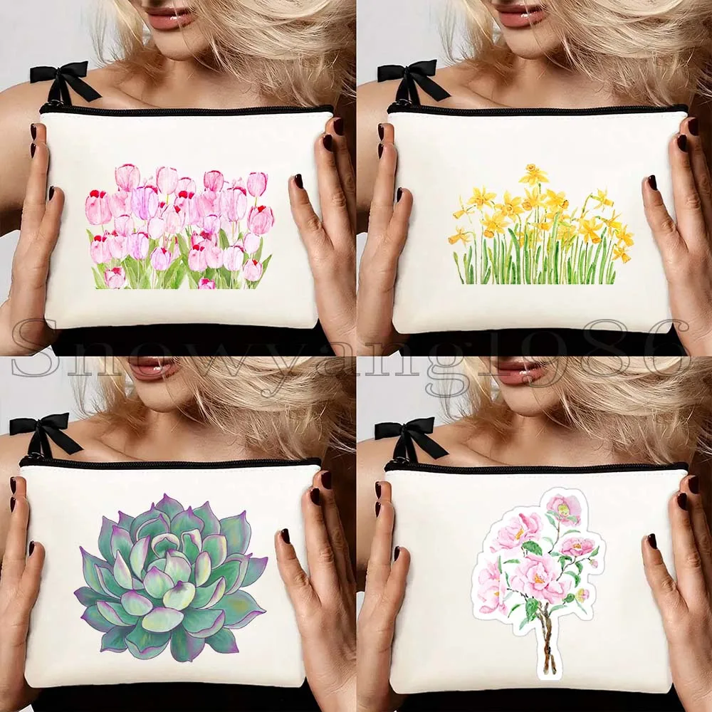 

4pcs Watercolor Wildflowers Cactus Tulips Cosmos Flower Camellia Daffodil Lavender Canvas Storage Cosmetic Bag Makeup Case Pouch