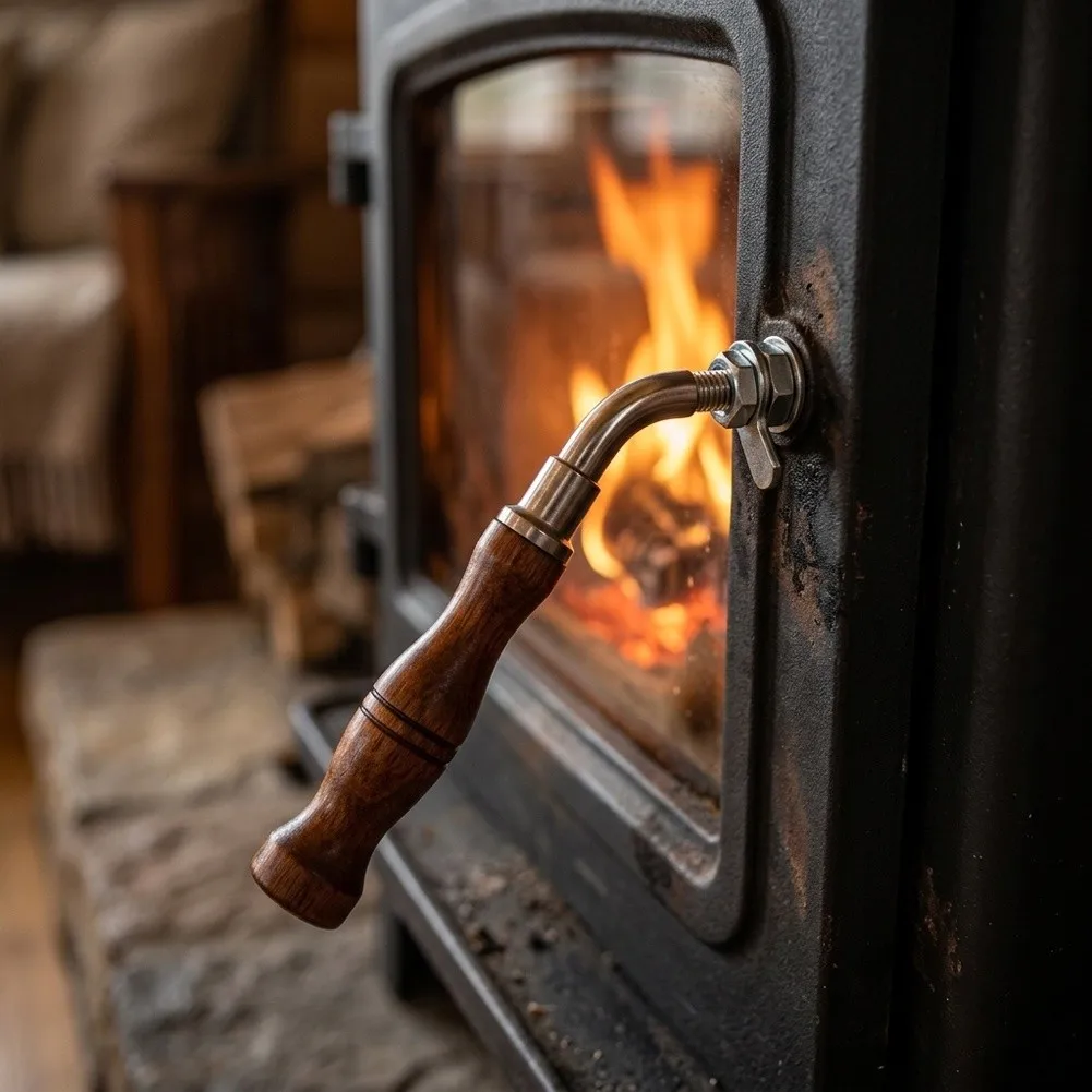 Fireplace Handle Compatible with Most Wood Stoves and Pellet Ovens Featuring M8 Thread and Ergonomic Wood Grip