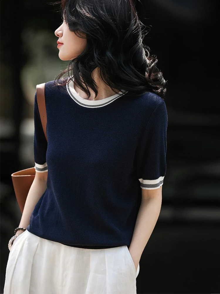 

Faionable Colion Color Knitted round Ne Sweater Silk Cotton Blend 3D Texture Sli OL Sle ort Sve Summer Top