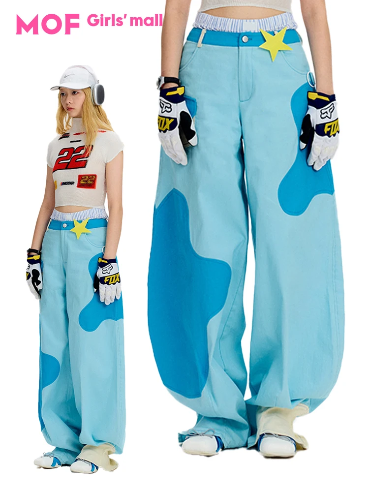 

MOF Blue Cloud Patchwork Banana Pants Long Trousers Women's Street Style Casual Pants Cotton 97% Spandex 3% Elastic Fiber