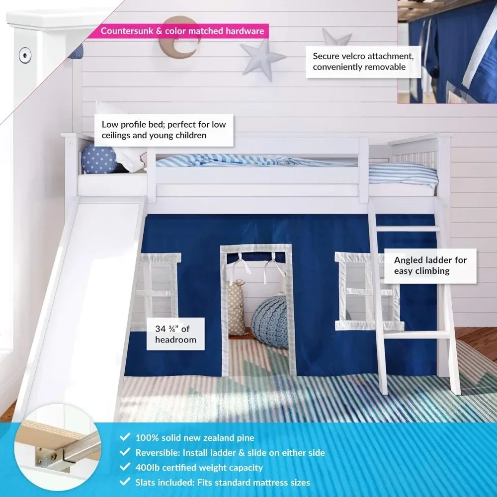 Loft Bed, Twin Bed Frame For Kids With Slide and Curtains For Bottom, White/Blue bedroom set  bedroom furniture  bunk bed