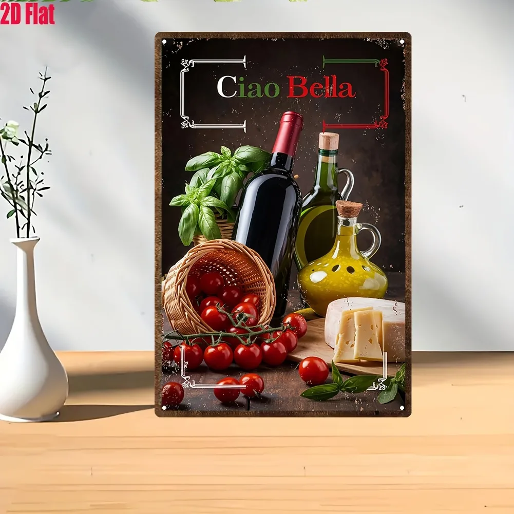 Placa de pared de metal vintage plana 2D, 1 pieza, decoración rústica de cocina italiana con vino Chianti, aceite de oliva y obra de arte de queso - 20x30 cm