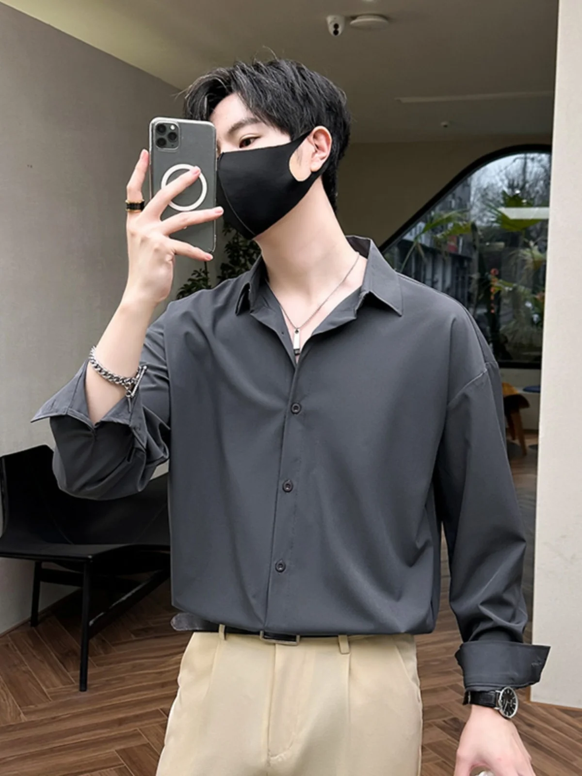 

Deep ey Long Sve Men's Casual irt Sli Brand Korean System Mature Stable Men's Wear Breathable Loose Fit Summer irt