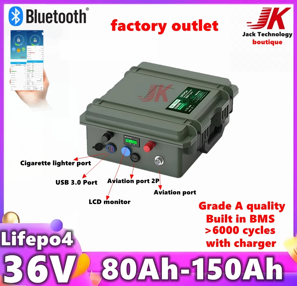 

36V LiFepo4 100Ah 80Ah 120Ah 150Ah Lithium Battery with Bluetooth BMS for inverter Motor Propeller Boat Solar System Outdoor RV