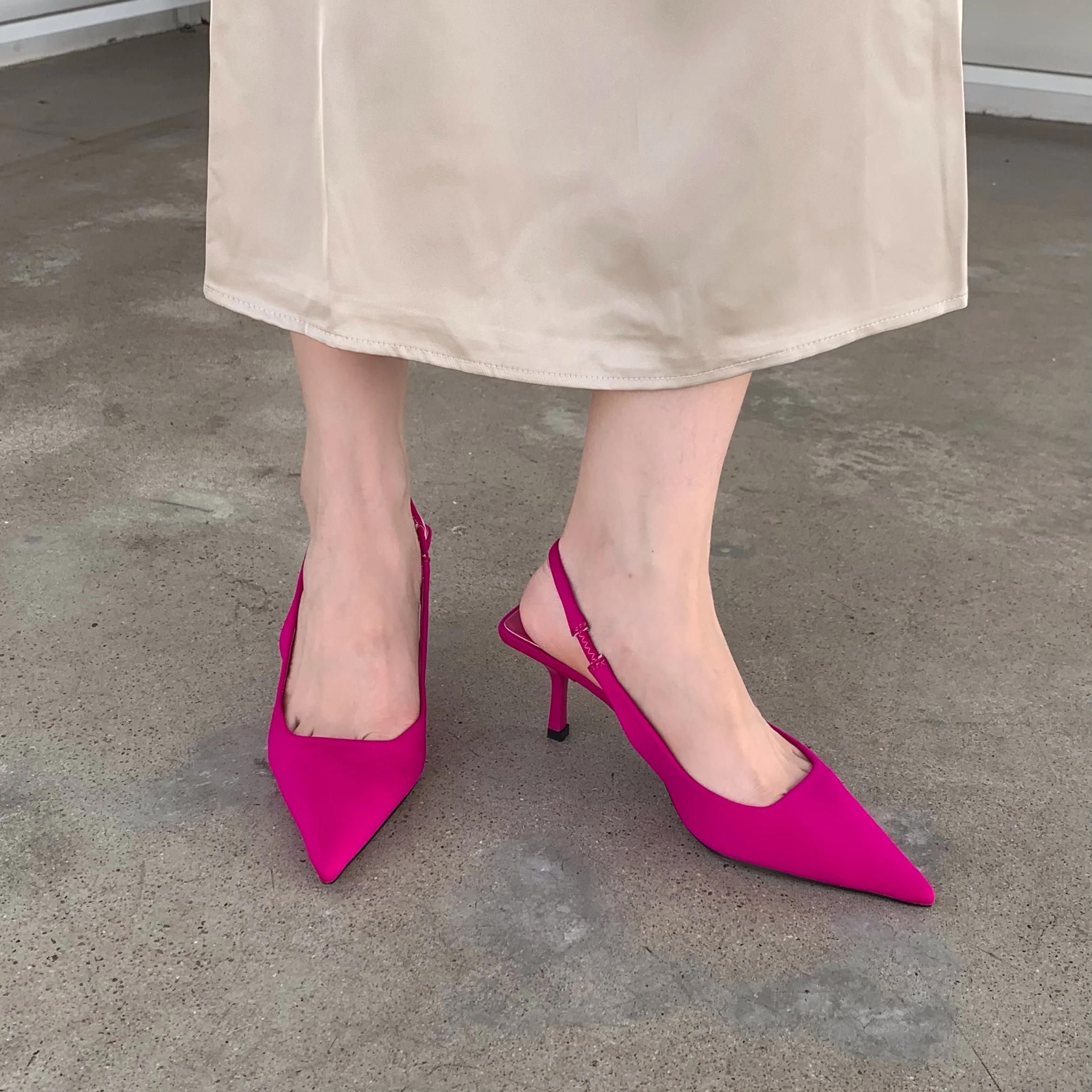 New Pointed Toe Thin High Heel Solid Pumps for Female Women Slingback Handmade Shallow Slip-on Casual Elegant Dress Summer Shoes