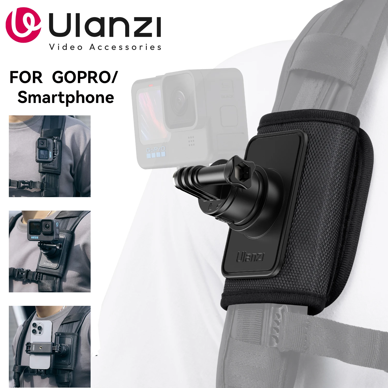 

Ulanzi CO62 Go Quick II Магнитное крепление для рюкзака для Gopro 12 11 10, комплект быстросъемного мобильного телефона с экшн-камерой 360 ° Вращение