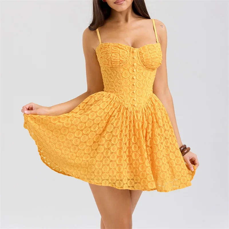 Spaghetti Strap Deep-V Neck Pleated Women's Ball Gown Backless Mid-Waist Short Mini Yellow Sheath Slim Evening Skirt New Arrival