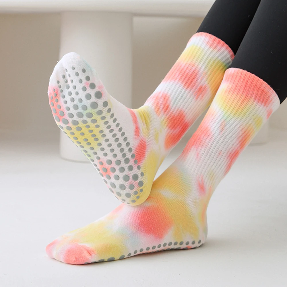 1 para kobiet skarpetki do pilatesu Tie-Dye antypoślizgowe oddychające bawełniane Fitness sportowy treningu jogi i skarpetki podłogowe chwytu do