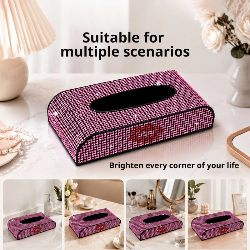 `Portable Bling Rhinestone Tissue Box Holder Shiny Diamond Decor Napkin Storage Box For Car Interior, Home, Office Desktop Decor