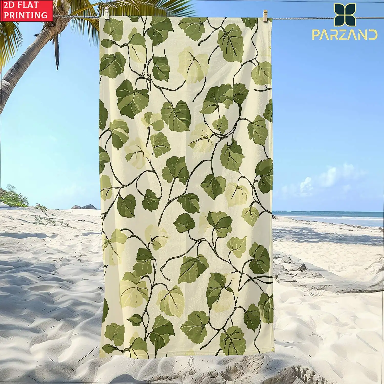 Serviette de plage Leafy Vine, imprimé vert naturel, fond beige, design calme, pour la détente au bord de la piscine ou les séances de bain de soleil