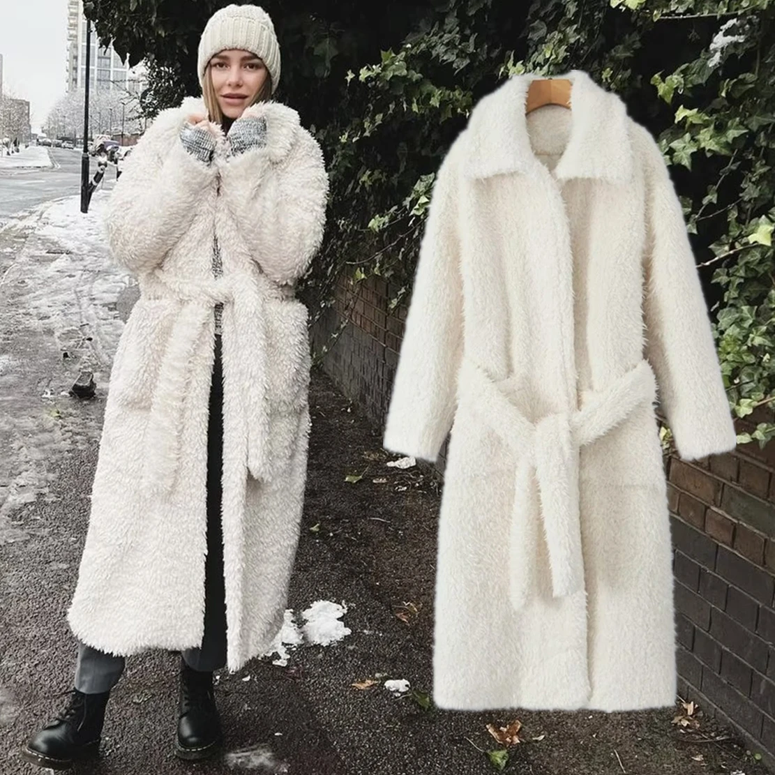 

Dave&Di Winter Coat Women French Fashion Blogger's Retro Parka Trench Coat Lambswool Lace-up Elegant Long Coat